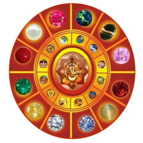 A circular Jyotish Vigyan (Vedic Astrology) chart featuring planetary gemstones and Lord Ganesha, illustrating the astrology courses taught at Narmadeshwar Aadarsha Sanskrit Bidyapheet Gurukul.