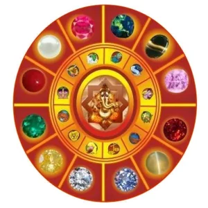 A circular Jyotish Vigyan (Vedic Astrology) chart featuring planetary gemstones and Lord Ganesha, illustrating the astrology courses taught at Narmadeshwar Aadarsha Sanskrit Bidyapheet Gurukul.
